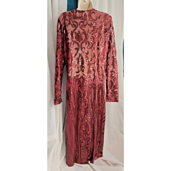 Women Sequin Mesh Front Open Full Long Maxi Duster Burgundy Red Large - Picture 4 of 10